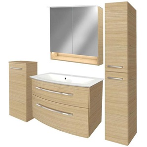 Fackelmann - b.style Badmöbel Set mit Waschbecken mit Unterschrank 80 cm breit – LED-Spiegelschrank – Midischrank und Hochschrank in Holz braun –