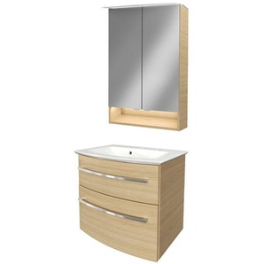 Fackelmann - b.style Badmöbel Set – Waschbecken mit Unterschrank und LED-Spiegelschrank in Holz braun – Waschbeckenunterschrank 60 cm hängend breit –