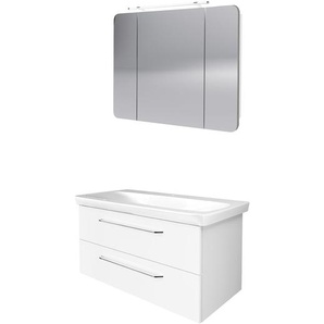Fackelmann MILANO Badmöbel Set 3-teilig, 100 cm, Weiß, Keramik, LED-Spiegelschrank