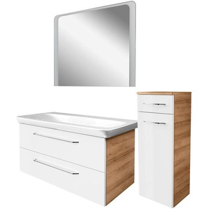Fackelmann MILANO Badmöbel Set 4-teilig, 100 cm, Braun hell/Weiß, Keramik, Spiegel + Midischrank