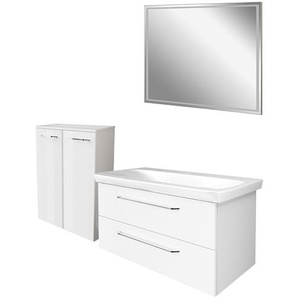 Fackelmann MILANO Badmöbel Set 4-teilig, 100 cm, Weiß, Keramik, LED-Spiegel + Doppel-Midischrank