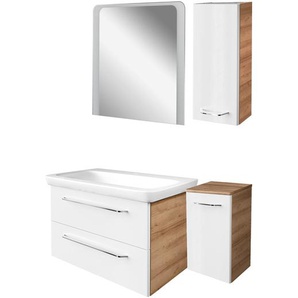 Fackelmann MILANO Badmöbel Set 5-teilig, 80 cm, Braun hell/Weiß, Keramik, Spiegel + 2 Badschränke
