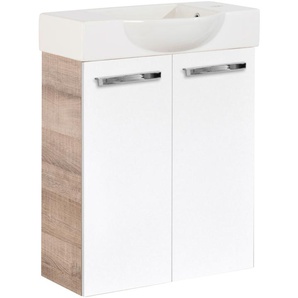 Fackelmann SBC A-VERO Gäste WC Set 2-teilig 55 cm, Braun hell/Weiß, 2 Türen, Keramik Hahnloch rechts