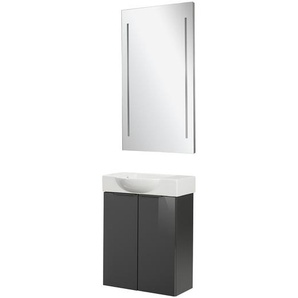 Fackelmann SBC LUNA Gäste WC Set 3-teilig 55 cm, Anthrazit, Keramik Hahnloch links + LED Spiegel