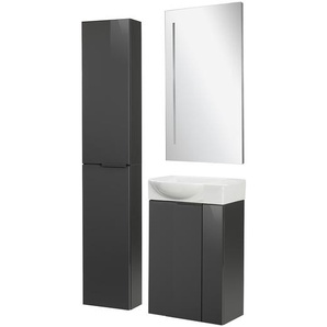 Fackelmann SBC LUNA Gäste WC Set 4-teilig 45 cm, Anthrazit, Keramik rechts, Spiegel+Hochschrank slim