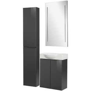 Fackelmann SBC LUNA Gäste WC Set 4-teilig 55 cm, Anthrazit, Keramik links+Spiegel+Hochschrank slim