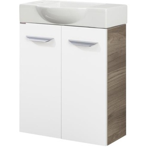 Fackelmann SBC LUXOR Gäste WC Set 2-teilig 55 cm, Braun hell/Weiß, 2 Türen, Keramik Hahnloch links
