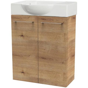 Fackelmann SBC MILANO Gäste WC Set 2-teilig 55 cm, Braun hell, 2 Türen, Keramik Hahnloch links