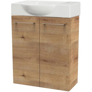 Fackelmann SBC MILANO Gäste WC Set 2-teilig 55 cm, Braun hell, 2 Türen, Keramik Hahnloch rechts