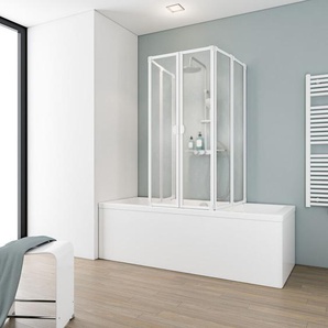 Faltbare Duschabtrennung 6 teilig, U-Form - 2x 104 x 140 cm, für Wannentiefe 70-80 cm, Kunstglas Tropfen Dekor, Alpin Weiß - Schulte