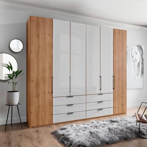 Falttürenschrank WIEMANN Monaco Schränke Gr. B/H/T: 246,9 cm x 216 cm x 58 cm, 5 St., braun (bianco, eiche, nachbildung, glas weiß) Drehtürenschrank Kleiderschrank Drehtürenschränke Teil-Glasfront sowie hochwertige Beschläge inkl. Schubladendämpfung