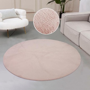 Fellteppich LEONIQUE Balu, Nachhaltiger Kunstfell Teppich, Modern Teppiche Gr. Ø 180 cm, 20 mm, 1 St., rosa (rosé) Esszimmerteppiche Kaninchenfell-Haptik, Langflor, Schlafzimmer, Wohnzimmer, Kinderzimmer