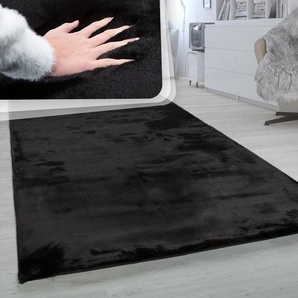 Fellteppich PACO HOME Rabbit 780 Teppiche Gr. B/L: 150 cm x 170 cm, 26 mm, 1 St., schwarz Esszimmerteppiche Kunstfell, Kaninchenfell-Haptik, ein echter Kuschelteppich, Uni-Farben