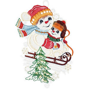 Fensterbild W. REUTER & SOHN - PLAUENER SPITZE Schneemann mit Kind Fensterbilder Gr. B/L: 20 cm x 30 cm, bunt (bunt, ecru, goldfarben) Fensterdekoration Made in Germany