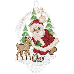 Fensterbild W. REUTER & SOHN - PLAUENER SPITZE Weihnachtsmann mit Rehkitz Fensterbilder Gr. B/L: 16 cm x 28 cm, bunt (bunt, ecru, goldfarben) Fensterdekoration Made in Germany