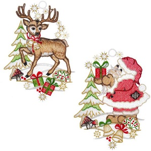 Fensterbild W. REUTER & SOHN - PLAUENER SPITZE Weihnachtsmann und Hirsch Fensterbilder Gr. B/L: 16 cm x 21 cm, bunt (braun, grün, rot) Fensterdekoration Made in Germany