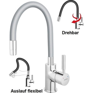Ferro Spültischarmatur SILBER flexibel Einhebelmischer Wasserhahn Messing Mischbatterie Spiralfederarmatur