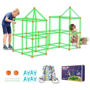Festungsbausatz für Kinder, 140-teiliges im Dunkeln leuchtendes STEM-Bauspielzeug, pädagogisches Geschenk für 4 5 6 7 8+ Jahre alte Jungen und Mädchen, Spielzelt für drinnen und draußen, Konstruktionsspielzeug mit 96 Stäben und 44 Bällen