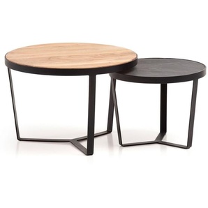 FineBuy Couchtisch 2er Set Akazie Massivholz / Steinoptik Wohnzimmertisch Rund, Satztisch mit Metallgestell, Kaffeetisch Modern, Sofatisch Verschachtelungstisch 2-teilig Braun / Anthrazit