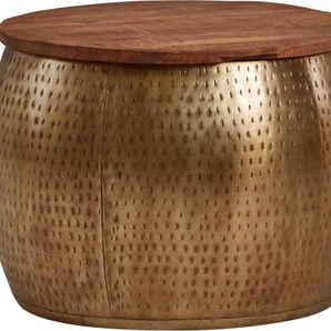 FineBuy Couchtisch Mango Massivholz Metall 60x60x40 cm Gold Rund mit Stauraum, Design Wohnzimmertisch abnehmbare Platte, Loungetisch Sofatisch Wohnzimmer Modern