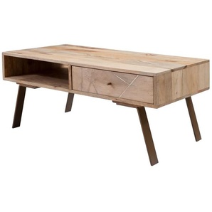 FineBuy Couchtisch SIKAR 95x42x50cm Mango Massivholz / Metall Sofatisch, Design Wohnzimmertisch mit Schublade, Stubentisch Landhaus Braun, Designer Holztisch Kaffeetisch Massiv, Tisch Wohnzimmer