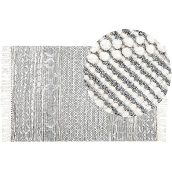 Flächenteppich Beige und Grau Wolle 160 x 230 cm Geometrisches Muster mit Fransen handgewebtes Wohnzimmer Schlafzimmer Boho Modern
