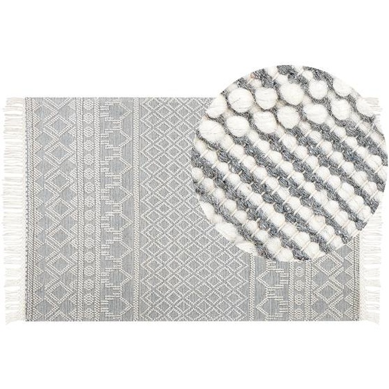 Flächenteppich Beige und Grau Wolle 200 x 300 cm Geometrisches Muster mit Fransen handgewebtes Wohnzimmer Schlafzimmer Boho Modern