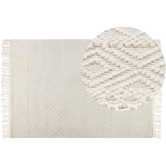 Flächenteppich Beige Wolle 160 x 230 cm mit Quasten handgewebt Wohnzimmer Schlafzimmer Boho Modern