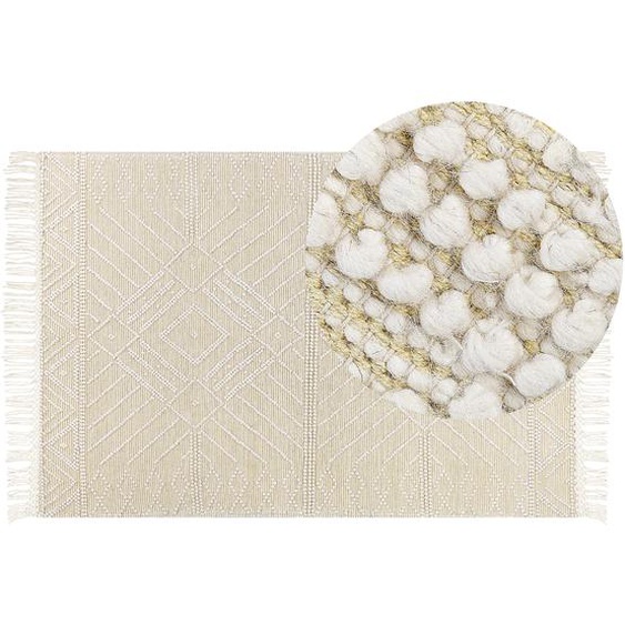 Flächenteppich Beige Wolle 160 x 230 cm mit Quasten handgewebt Wohnzimmer Schlafzimmer Boho Modern