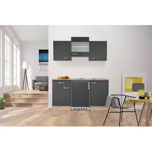 FlexWell Miniküche, Grau, Eiche San Remo, Metall, 1 Schubladen, 150 cm, Made in Germany, links aufbaubar, rechts aufbaubar, Küchen, Miniküchen