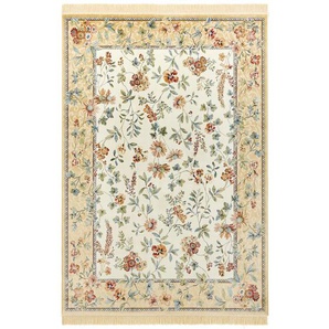 Flowers Orient Teppich - Orientalischer Kurzflor mit Fransen für Wohnzimmer, Esszimmer - Creme Cord