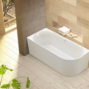 FOND Badewanne Mince Corner rechts 180 cm weiß, (1-tlg), inkl. Ablaufgarnitur, Schlitzüberlauf, Fußgestell, schmale Wannenkante