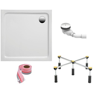 FOND Duschwanne, quadratisch, Sanitäracryl, Set, 100x100x3 cm, mit Fußgestell, Ablaufgarnitur und Fugendichtband