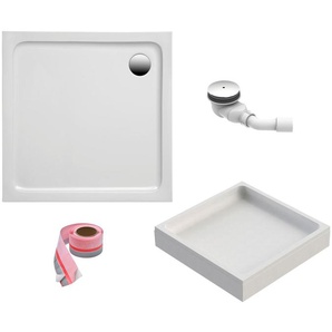 FOND Duschwanne, quadratisch, Sanitäracryl, Set, 100x100x3 cm, mit Wannenträger, Ablaufgarnitur und Fugendichtband