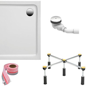 FOND Duschwanne, quadratisch, Sanitäracryl, Set, 80x80x3 cm, mit Fußgestell, Ablaufgarnitur und Fugendichtband