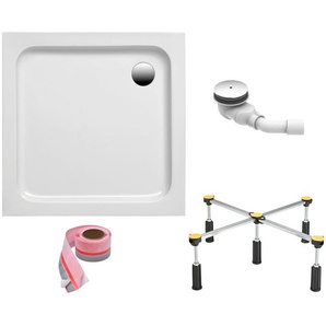 FOND Duschwanne, quadratisch, Sanitäracryl, Set, 80x80x6 cm, mit Fußgestell, Ablaufgarnitur und Fugendichtband