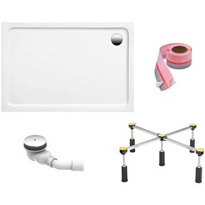 FOND Duschwanne, rechteckig, Sanitäracryl, Set, 120x80x3 cm, mit Fußgestell, Ablaufgarnitur und Fugendichtband