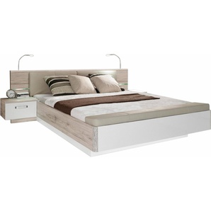 FORTE Schlafzimmer-Set Rondino, Bett + 2 Nachttische+ LED, gepolstertes Kunstleder Kopfteil, (Liegefläche 180x200cm, Gesamtmaße ca. 285 x 91.7 x 209cm), Hochglanz mit Sandeiche, wahlweise mit Bettbank