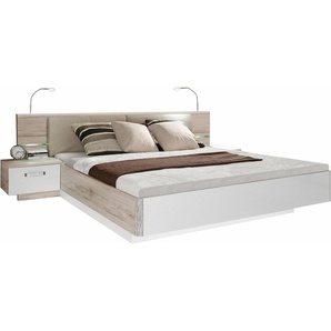 FORTE Schlafzimmer-Set Rondino, Bett + 2 Nachttische+ LED, gepolstertes Kunstleder Kopfteil, (Liegefläche 180x200cm, Gesamtmaße ca. 285 x 91.7 x 209cm), Hochglanz mit Sandeiche, wahlweise mit Bettbank