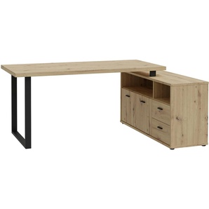 FORTE Eckschreibtisch Goldsboro, mit 2 Schubladen & Türen, Metallkufe & -griffe in schwarz, 124x181 cm