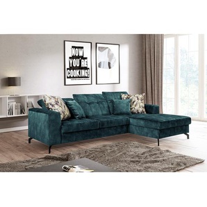 Ecksofa Atmore Blau/Petrol Samt 255 x 95 x 179cm Longchair davorstehend rechts ohne Schlaffunktion Modern