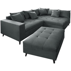 Fredriks Ecksofa Pruno I Anthrazit Flachgewebe 220x90x183 cm mit Hocker