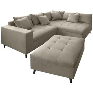 Ecksofa PRUNO mit Hocker Grau/Cappuccino Webstoff Ondria 247 x 80 x 174cm Ottomane davorstehend rechts Modern