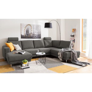 Wohnlandschaft I Webstoff Grau/Dunkelgrau Webstoff 305 x 85 x 200cm Longchair davorstehend links / Ottomane rechts Modern