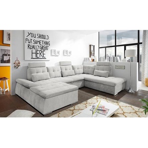 Wohnlandschaft Puntiro Grau/Lichtgrau Microfaser Ranu 324 x 107 x 218cm Longchair davorstehend links / Ottomane rechts Modern