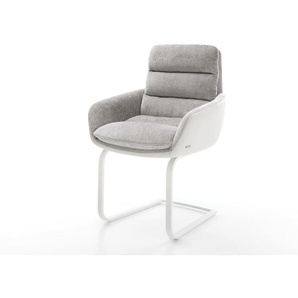 Freischwinger Abelia-Flex mit Armlehnen Materialmix Echtleder Weiß-Silbergrau Freischwinger flach Weiß, Esszimmerstühle