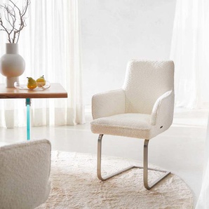 Freischwinger Heira-Flex mit Armlehnen Bouclé Weiß Freischwinger flach Edelstahl Taschenfederkern, Esszimmerstühle