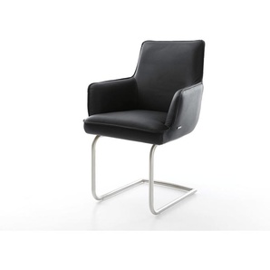 Freischwinger Heira-Flex mit Armlehnen Echt-Leder Schwarz Freischwinger rund Edelstahl Taschenfederkern, Esszimmerstühle