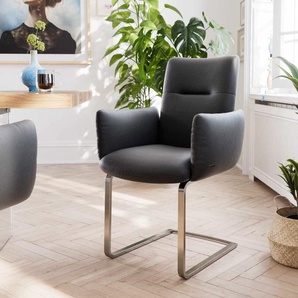 Freischwinger Jova-Flex mit Armlehnen Echt-Leder Schwarz Freischwinger flach Edelstahl Taschenfederkern, Esszimmerstühle