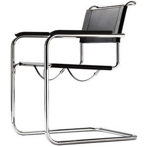 Freischwinger mit Armlehnen S34 Sitz und Rücken Kernleder schwarz, Designer Mart Stam, 56x84x64 cm